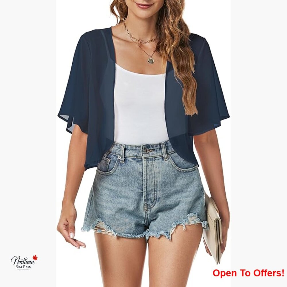 Sheer Chiffon Shrug Cardigan Open Front Short Sleeve Bolero Blouse